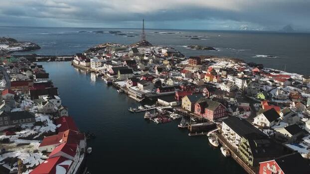 Aerial view of Henningsv&aelig;r village Norway.