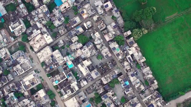 Aerial view of solar panels on rooftops in Lucknow India.