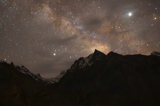 View of the Milky Way galaxy over the rugged mountain peaks near K2 Base Camp under a clear night sky in Ghakhar Gilgit Pakistan. View of the Milky Way galaxy over the rugged mountain peaks near K2 Base Camp under a clear night sky in Ghakhar Gilgit Pakistan.
