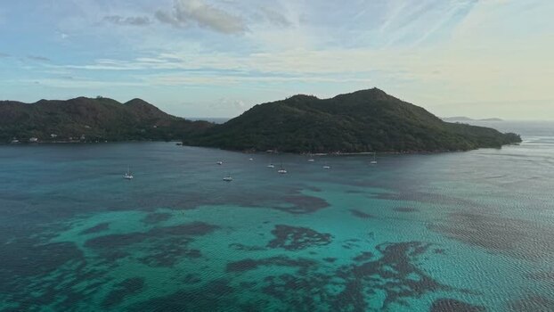 Aerial view of Praslin Ferry Harbour and turquoise waters Seychelles.