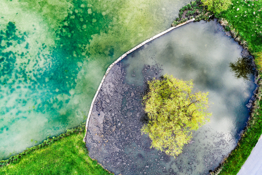 Aerial view of the Ailsbach stream featuring a small island with a single tree surrounded by vibrant green water and lush grassy banks in Lonnerstadt Bayern Germany. Aerial view of the Ailsbach stream featuring a small island with a single tree surrounded by vibrant green water and lush grassy banks in Lonnerstadt Bayern Germany.