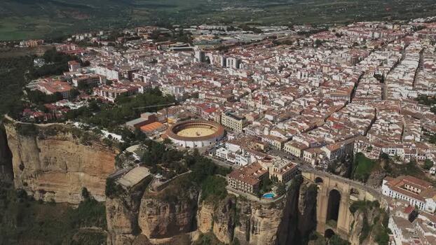 Aerial view of Puente Nuevo bridge and Ronda bullring Spain.