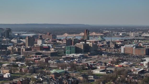 Aerial view of the Louisville skyline and bridges United States. Aerial view of the Louisville skyline and bridges United States.