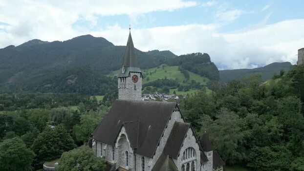 Aerial view of a stone church in Liechtenstein.