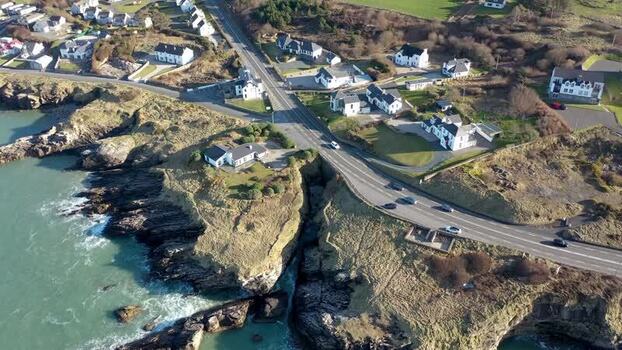 Aerial view of coastal road in Portnablagh Ireland.