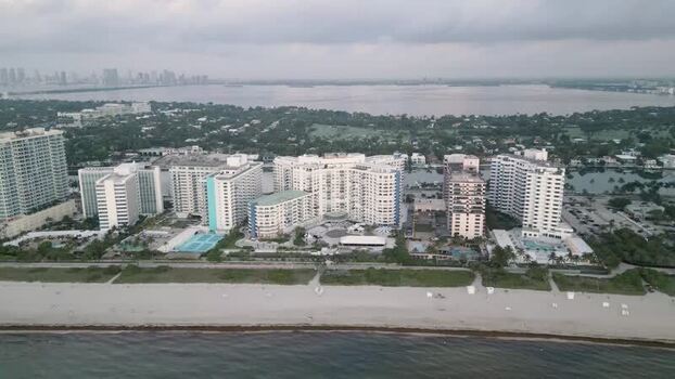 Aerial view of Miami Beach hotels and coastline United States.