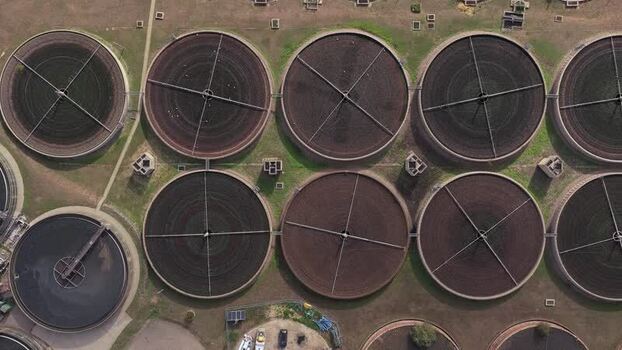 Aerial view of wastewater treatment plant in Aylesford United Kingdom. Aerial view of wastewater treatment plant in Aylesford United Kingdom.