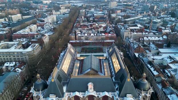 Aerial view of Palais des Beaux Arts and snowy rooftops France Aerial view of Palais des Beaux Arts and snowy rooftops France