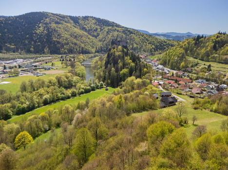 Aerial view of Orava Castle perched on a high rock surrounded by lush green forests and the Orava river in Dolny Kubin Zilinsky kraj Slovakia. Aerial view of Orava Castle perched on a high rock surrounded by lush green forests and the Orava river in Dolny Kubin Zilinsky kraj Slovakia.