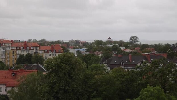 View of the red roofed buildings in Zelenogradsk Russia.