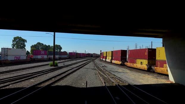 Aerial view of freight trains in Long Beach United States.