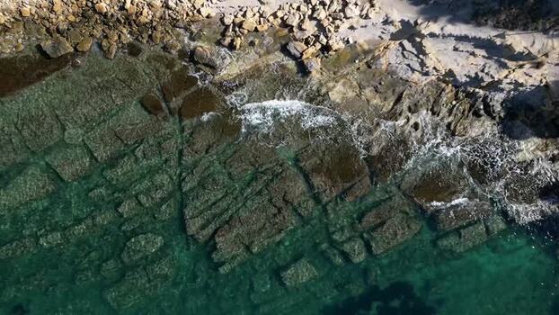 Aerial view of rocky coastline in Moraira Spain.