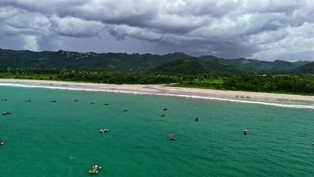 Aerial view of fishing boats off the coast of Bali Indonesia.