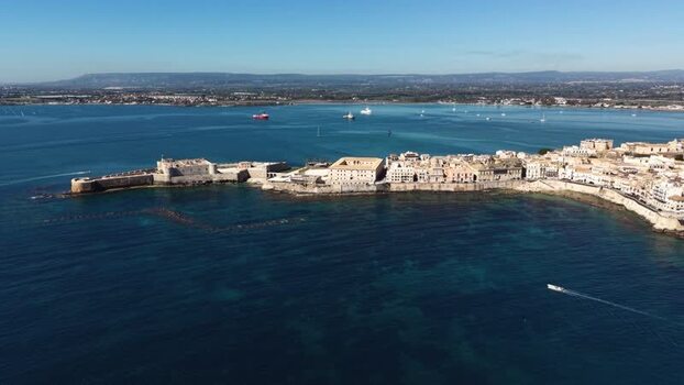 Aerial view of Ortigia Island and Maniace Castle Italy.
