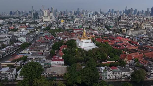 Aerial view of Wat Saket and the Bangkok skyline Thailand.