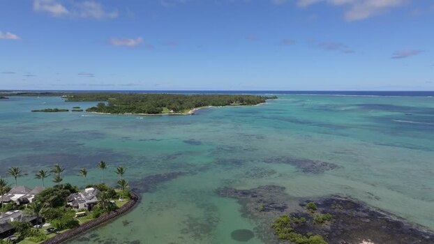 Aerial view of Ile aux Cerfs lagoon in Mauritius.