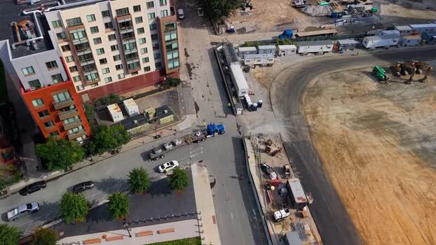 Aerial view of Kendall Square construction site in United States. Aerial view of Kendall Square construction site in United States.