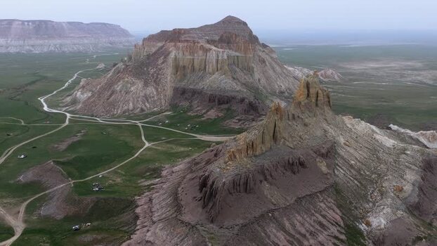 Aerial view of Airakty mountains in the desert Kazakhstan.