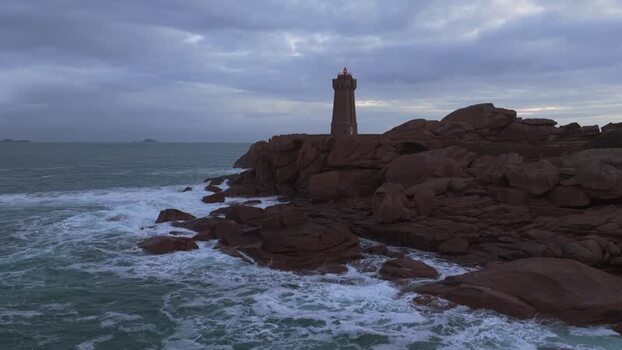 Aerial view of Phare de Men Ruz on the pink granite coast France.