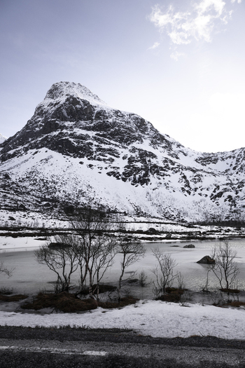 View of a snow covered mountain peak rising above a frozen lake and bare trees under a clear sky in Kvaloya Troms Norway. View of a snow covered mountain peak rising above a frozen lake and bare trees under a clear sky in Kvaloya Troms Norway.