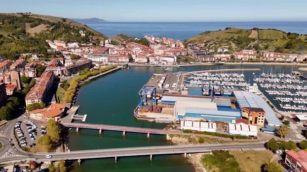 Aerial view of Zumaia marina and river with bridges Spain. Aerial view of Zumaia marina and river with bridges Spain.