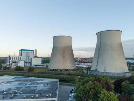 Aerial view of the former power plant cooling towers industrial infrastructure and canal in Vilvoorde Flanders Belgium. Aerial view of the former power plant cooling towers industrial infrastructure and canal in Vilvoorde Flanders Belgium.