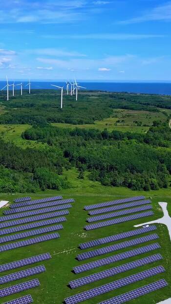 Aerial view of solar panels and wind turbines Estonia. Aerial view of solar panels and wind turbines Estonia.