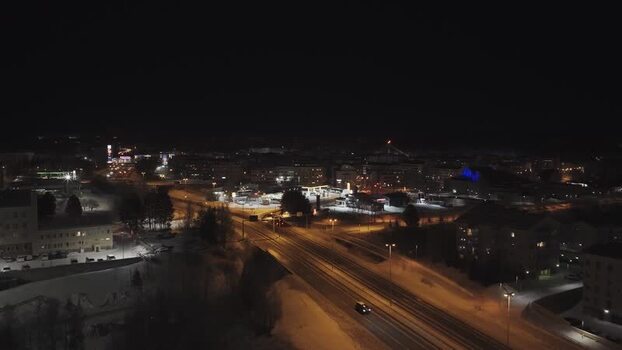 Aerial view of the city of Rovaniemi at night in winter Finland. Aerial view of the city of Rovaniemi at night in winter Finland.