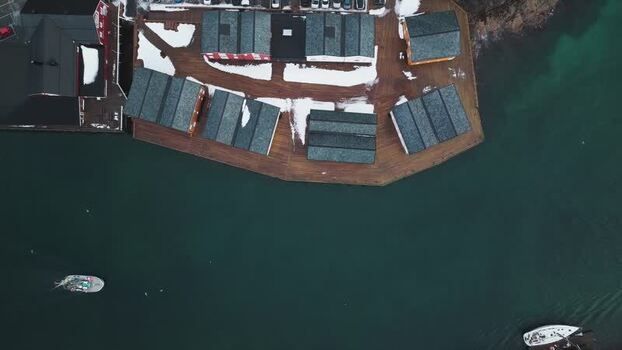 Aerial view of buildings in Henningsv&aelig;r Norway.