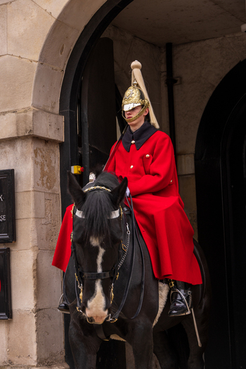 London United Kingdom 12 May 2025 View of a member of the King s Life Guard in a red cloak and ceremonial helmet mounted on a black horse at Horse Guards.