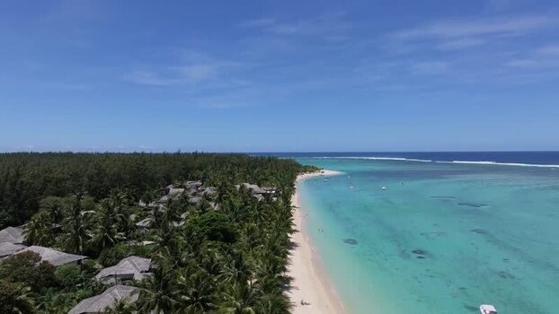 Aerial view of Le Morne beach and turquoise water Mauritius.