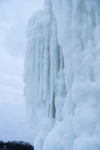 View of thick ice formations on the Molenfeuer Sassnitz lighthouse in Sassnitz Mecklenburg Vorpommern Germany.