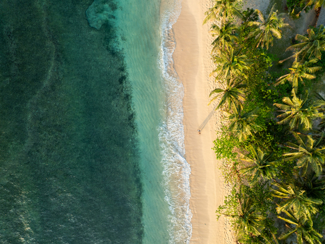Aerial view of Mahaybo Beach with turquoise water white sand and lush palm trees along the coastline in General Luna Caraga Philippines. Aerial view of Mahaybo Beach with turquoise water white sand and lush palm trees along the coastline in General Luna Caraga Philippines.