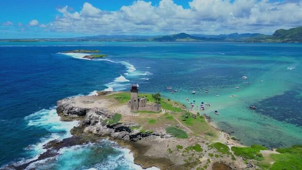 Aerial view of lighthouse on Ile aux Fouquets Mauritius.