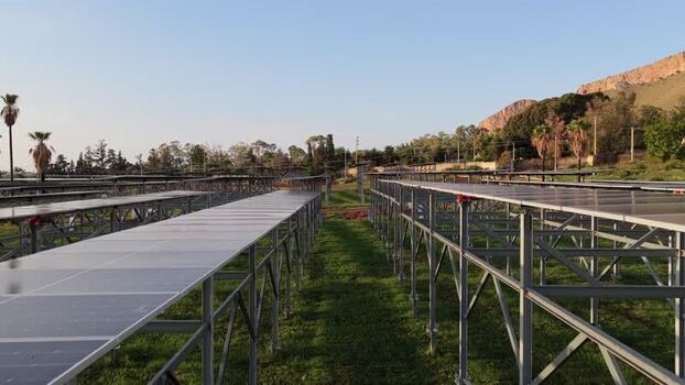 Aerial view of solar panel array in Terrasini Italy.