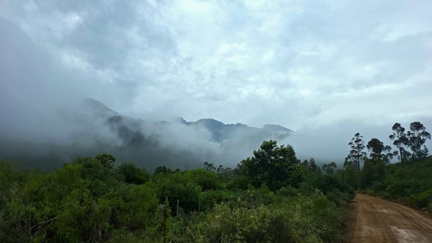 View of Towerkop mountain shrouded in mist with a gravel road winding through the Klein Karoo landscape in Ladismith Western Cape South Africa. View of Towerkop mountain shrouded in mist with a gravel road winding through the Klein Karoo landscape in Ladismith Western Cape South Africa.