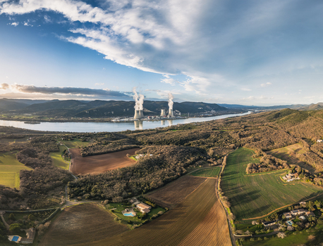 Cruas Auvergne Rhone Alpes France 12 February 2026 Aerial view of the Cruas Nuclear Power Plant on the Rhone River surrounded by rolling hills agricultural fields and cloudy sky. Cruas Auvergne Rhone Alpes France 12 February 2026 Aerial view of the Cruas Nuclear Power Plant on the Rhone River surrounded by rolling hills agricultural fields and cloudy sky.