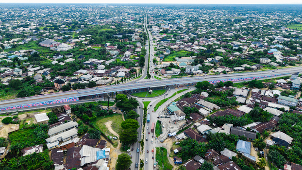 Aerial view of a large highway interchange and roundabout in Uyo Akwa Ibom Nigeria. Aerial view of a large highway interchange and roundabout in Uyo Akwa Ibom Nigeria.