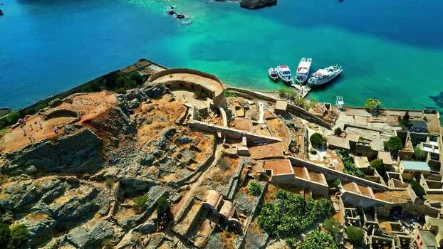 Aerial view of Spinalonga fortress in Crete Greece.