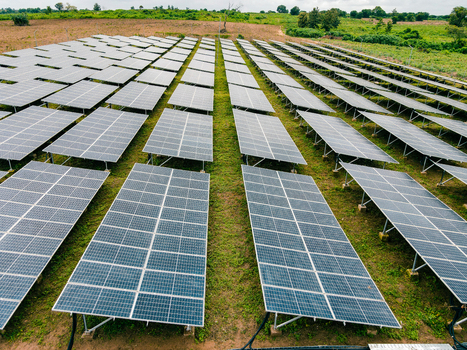 Aerial view of solar panels arranged in rows at a solar power plant in Ogun State Nigeria.