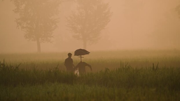 View of people walking in a misty field at dawn Bangladesh.