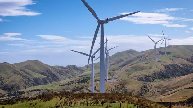 Aerial view of wind turbines on the hills of Makara New Zealand. Aerial view of wind turbines on the hills of Makara New Zealand.