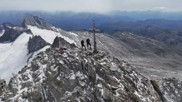 Aerial view of Grosser Moseler summit cross in Tyrol Austria.