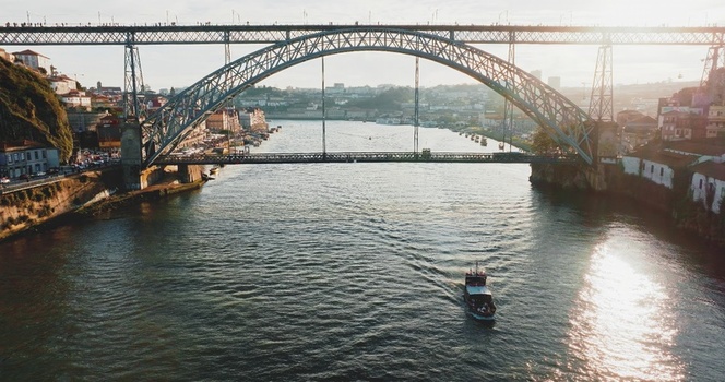Aerial view of the Dom Luis I Bridge spanning the Douro River in Porto Portugal. Aerial view of the Dom Luis I Bridge spanning the Douro River in Porto Portugal.
