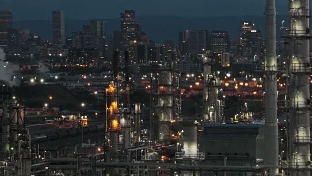 Aerial view of Suncor Energy refinery at night United States.