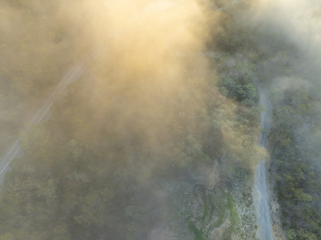 Aerial view of thick fog and golden morning light over the forest and winding roads near Kangaroo Creek Reservoir in Adelaide Hills Council South Australia Australia. Aerial view of thick fog and golden morning light over the forest and winding roads near Kangaroo Creek Reservoir in Adelaide Hills Council South Australia Australia.