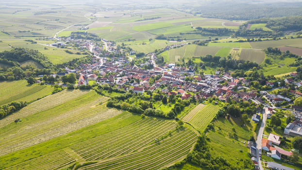 Aerial view of a patchwork of verdant vineyards and golden fields embrace the quaint town of Falkenstein bei Poysdorf Lower Austria Austria. Aerial view of a patchwork of verdant vineyards and golden fields embrace the quaint town of Falkenstein bei Poysdorf Lower Austria Austria.