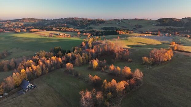 Aerial view of green fields and road Slovakia.