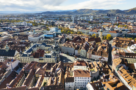 Aerial view of historic buildings with the Hauptplatz main square and the Rathaus in the autumn light Graz Styria Austria.