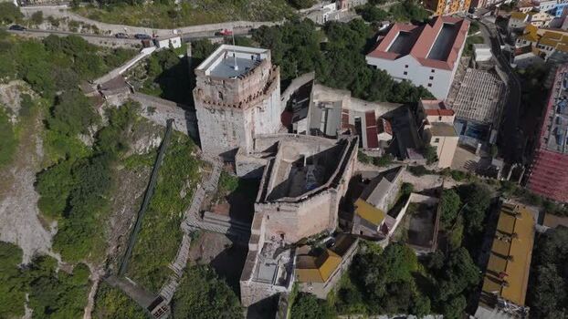 Aerial view of Moorish Castle and historic fortifications Gibraltar. Aerial view of Moorish Castle and historic fortifications Gibraltar.